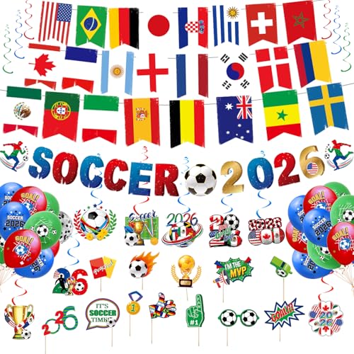 Fußball Party Deko 2026 Set mit Länderflaggen Girlande SOCCER 2026 Banner Luftballons Spiral Deko & Foto Requisiten Fußball Geburtstag Public Viewing Around the World Party Deko