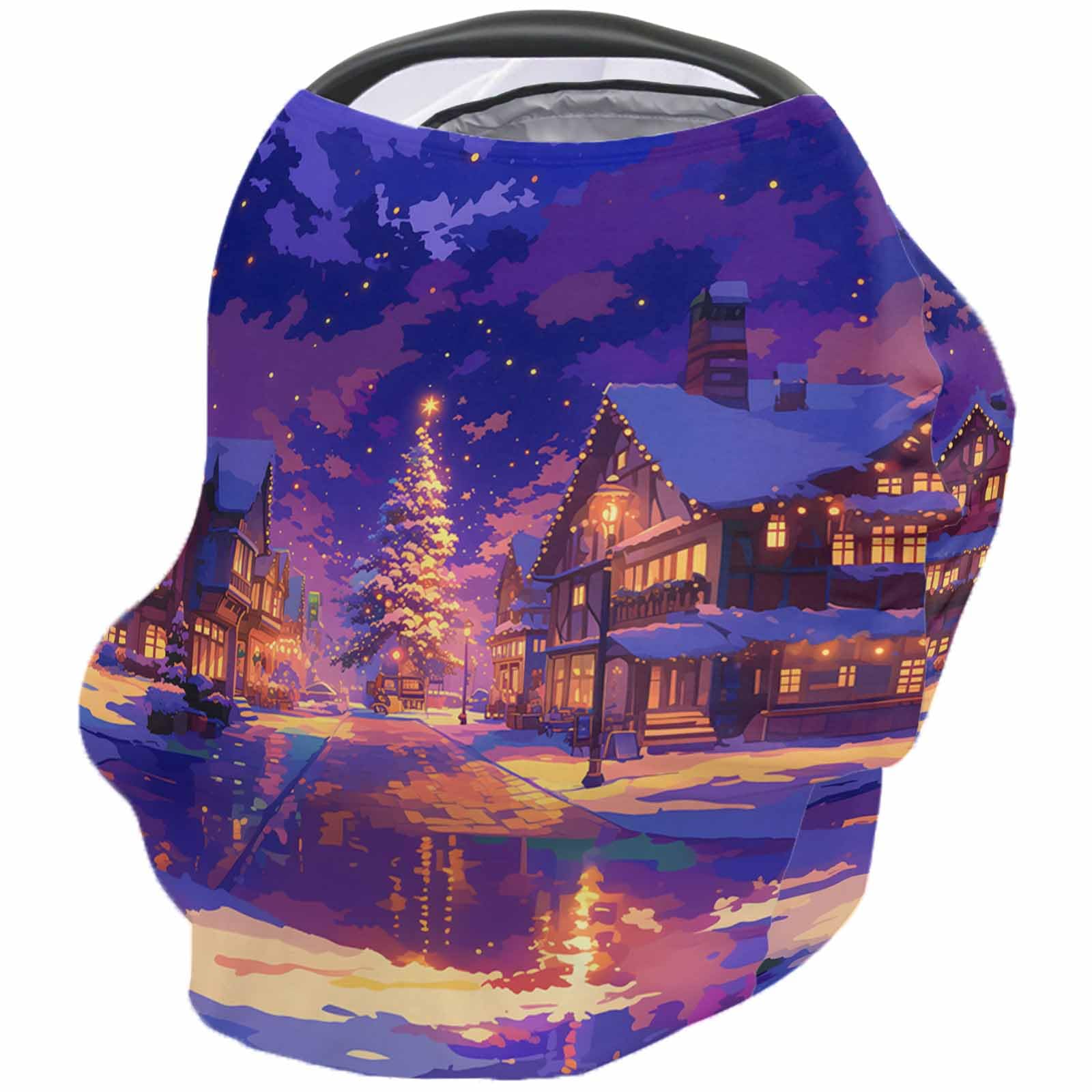 Nursing Cover for Breastfeeding Scarf, Cartoon Purple Christmas Street Winter Baby Car Covers Super Soft Multi Use for Canopy Shopping Cart Cover Blanket Stroller Cover