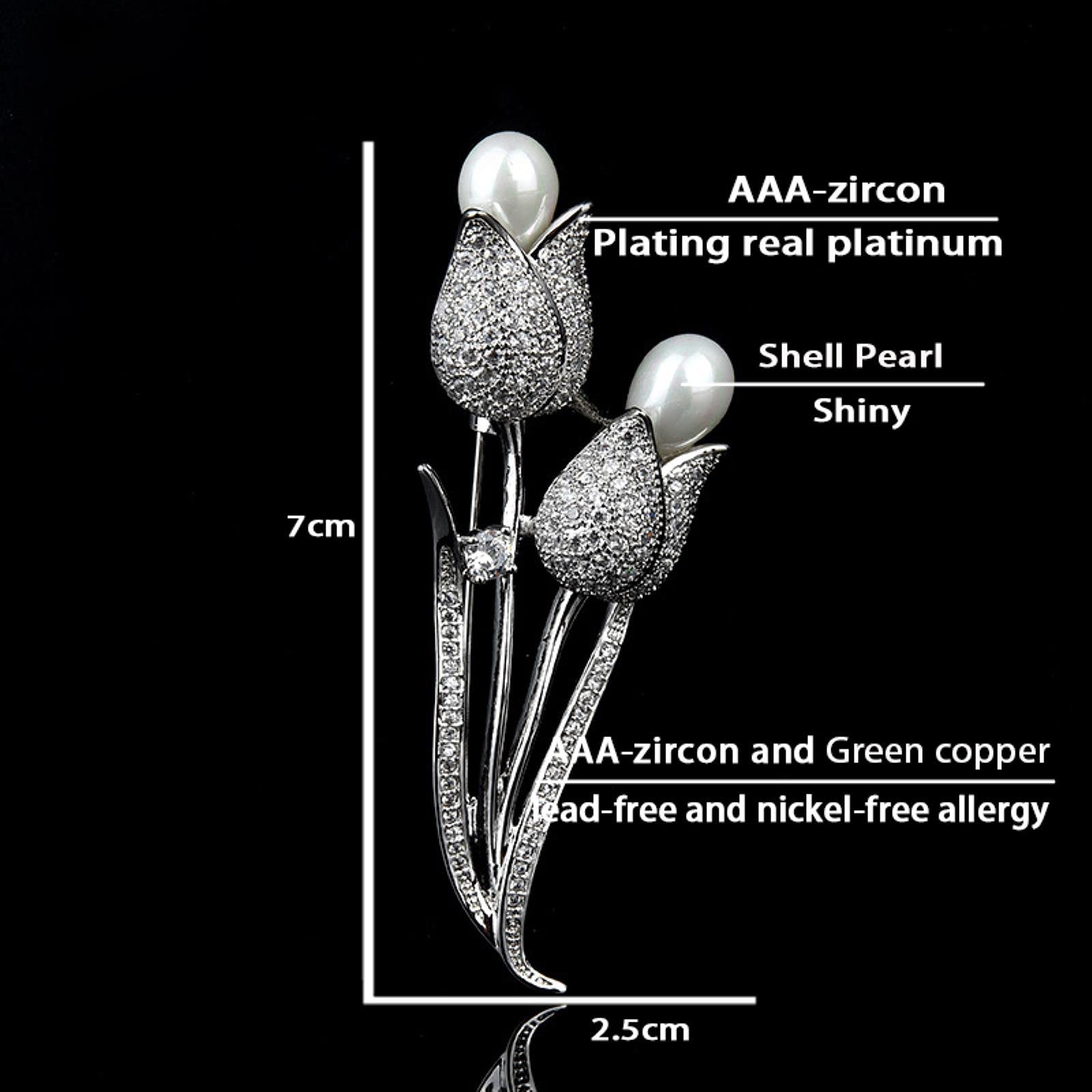 Broche Plateado con Forma de tulipán, Cristal, circonita cúbica y Perla. Ideal para Bodas, Fiestas y Banquetes. Accesorios de joyería para Hombres y Mujeres.