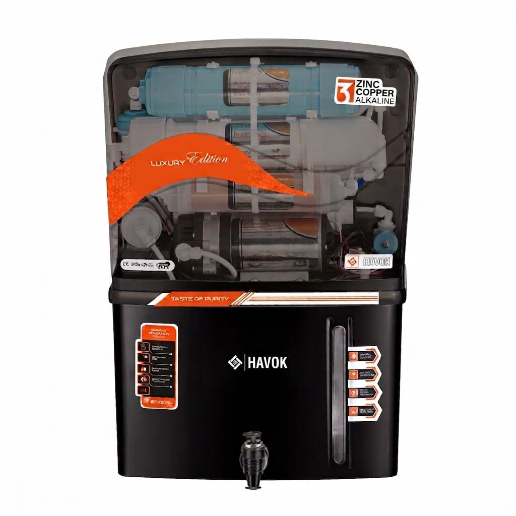 havok ro water purifier 15l black edition 9 stage filteration ro+uv+uf+alkaline+copper tds adjuster designed for high tds bis certified (2 year unconditional warranty)