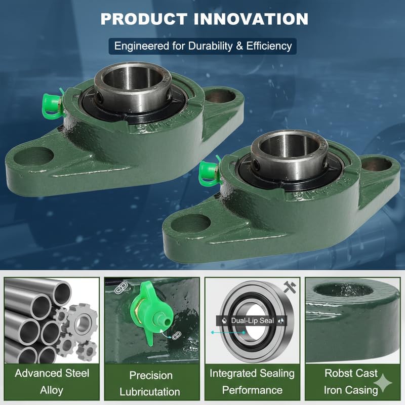 UCFL205-15 (15/16") Bore 2-Bolt Square Flange Bearing Unit, Self-Aligning Mounted Bearing, Cast Iron Housing, Set Screw Lock
