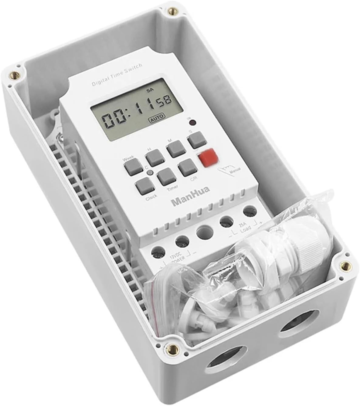 Programmable Digital Time Switch Relay Control Min 1 Second Adjust AC 220V 25A 68 ON Off Timer with Protection Cover(Transparent Cover)