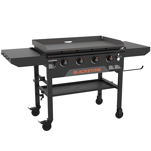 Blackstone 36" Cooking Station 4 Burner Propane Fuelled Restaurant Grade Professional 36 Inch Outdoor Flat Top Gas Griddle with Built in Cutting Board, Garbage Holder and Side Shelf (1825), Black