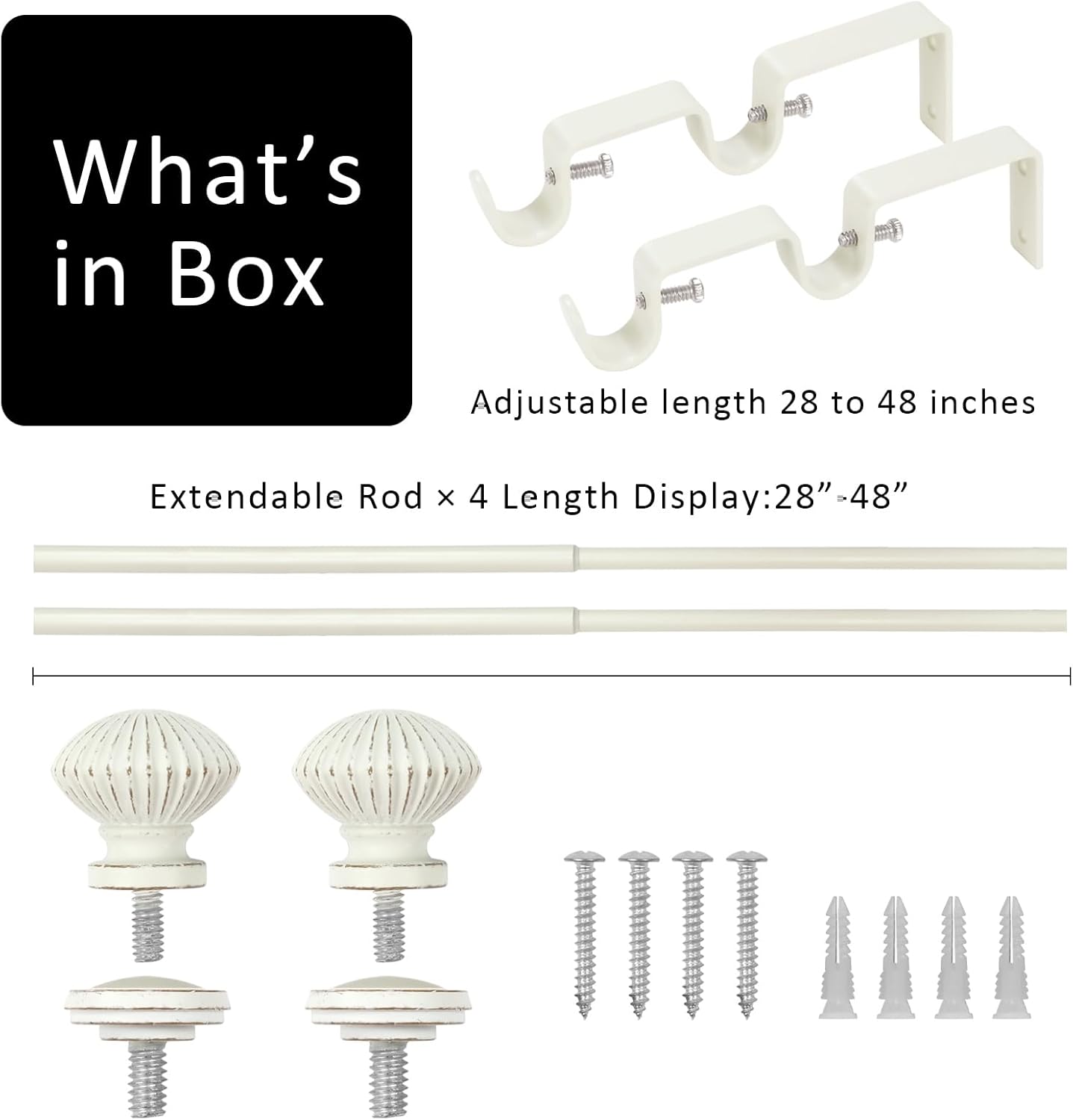 5/8" Double Curtain Rod with Bateau Finials (Weathered White, 28"-48")