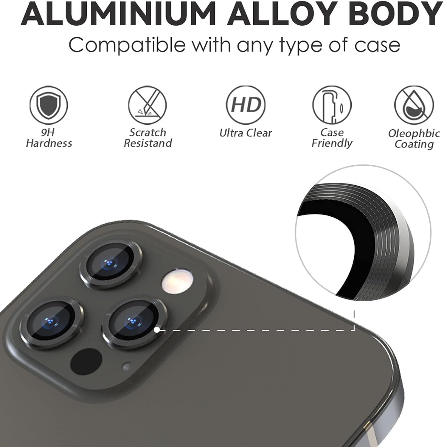 CloudValley Camera Lens Protector for iPhone 13 Pro - iPhone 13 Pro Max, Tempered Glass Film, Aluminum Alloy Lens Protective Cover, Graphite