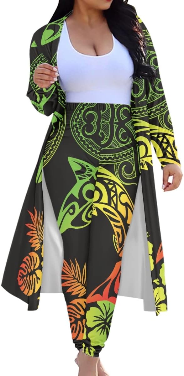 KIDVOVOU Women 2 Piece Outfits Polynesian Tribal Floral Printed Long Sleeve Open Front Cardigan Bodycon Pants Luau Party Sets