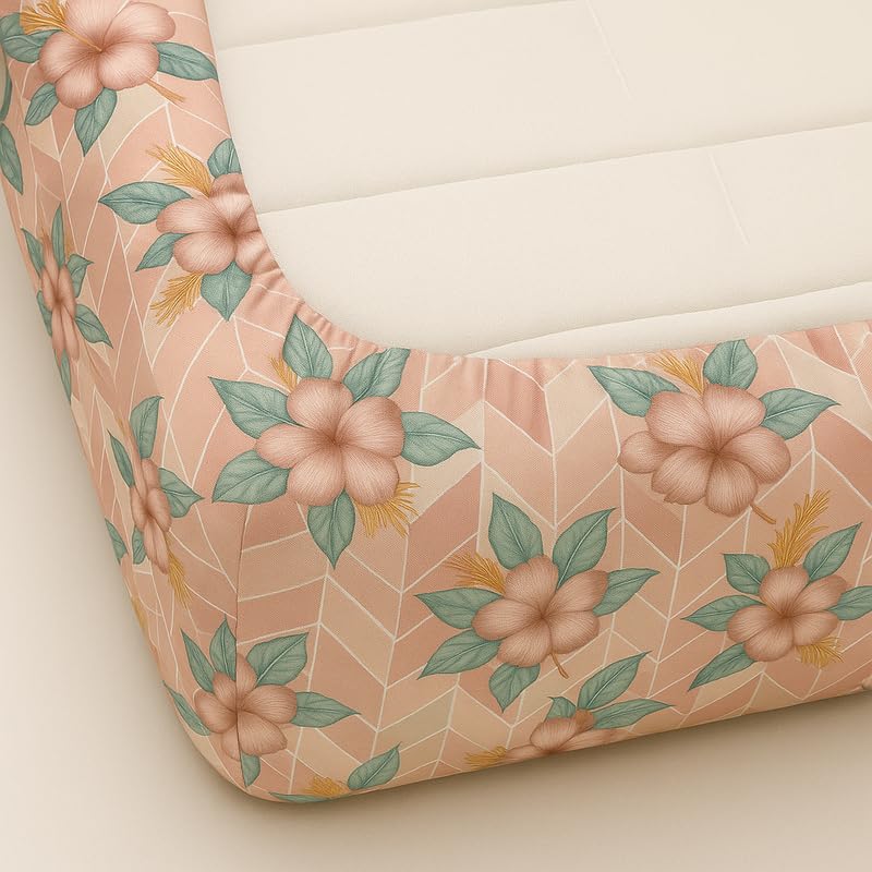 Image of Fitted sheet Peach Floral Chevron Print Fitted Bedsheet | Glace Cotton 140 TC | Double Size (48x75 inch) with 2 Pillow Covers (18x28 inch) | Deep Pocket up to 10 Inches - Soft & Comfortable