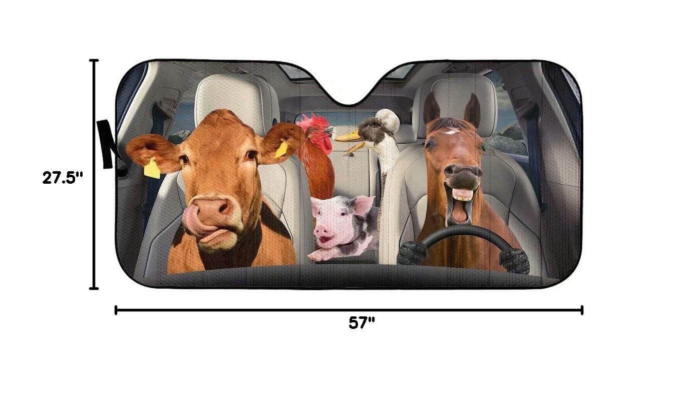 Farm Animal Family Car Windshield Sunshade,Cow Horse Foldable Sun Visor,Rooster Hen Car Sunshield Pig Auto Sun Shade,Protectors Vehicle Interior UV Rays Fit Most CarUV,Truck,57x27.5 in(Pack of 1)