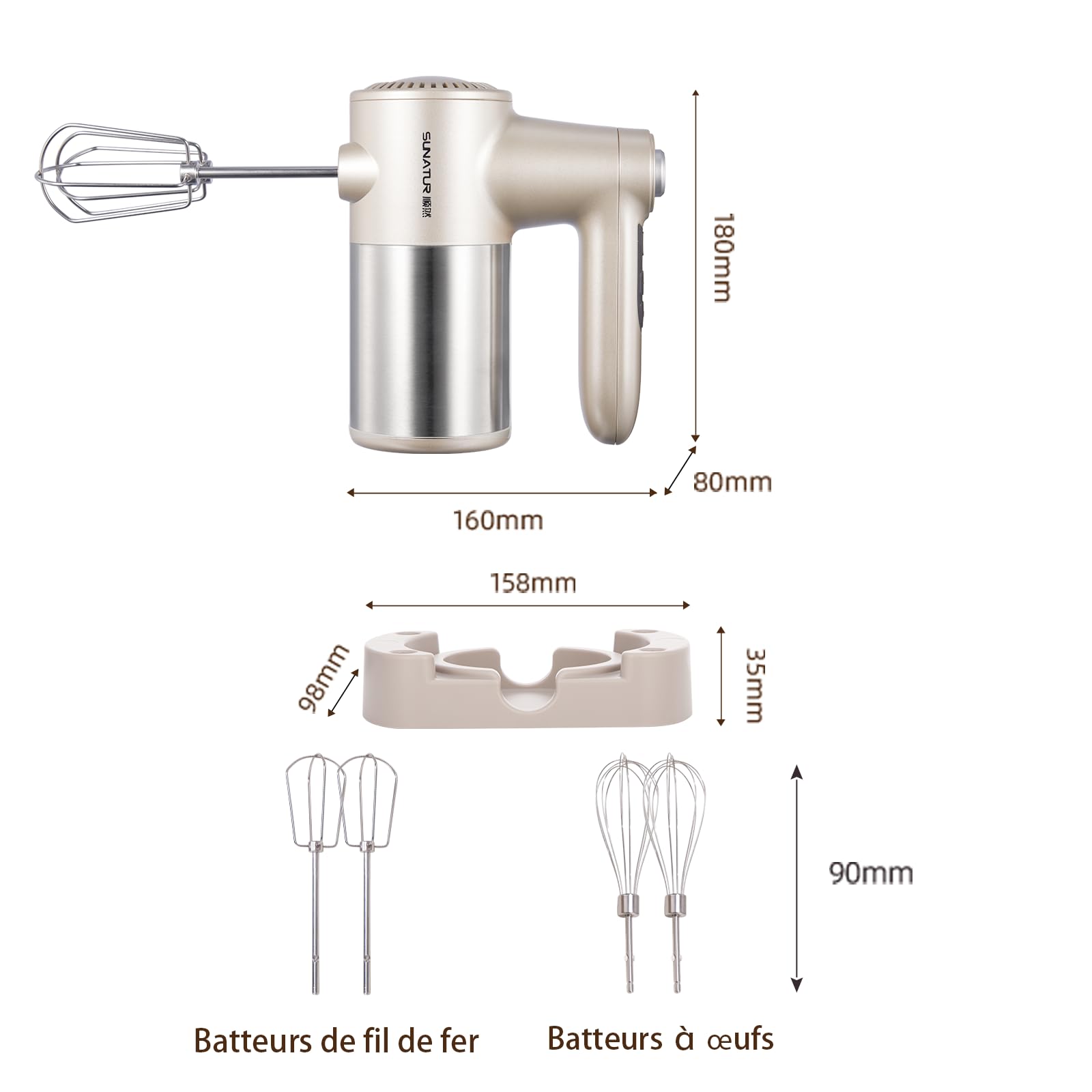 Mixeur rechargeable, moteur en cuivre pur de 200 W, 7 vitesses, batterie de 6000 mAh, libération des lames d'une simple pression, refroidissement par convection, socle avec compartiment de rangement
