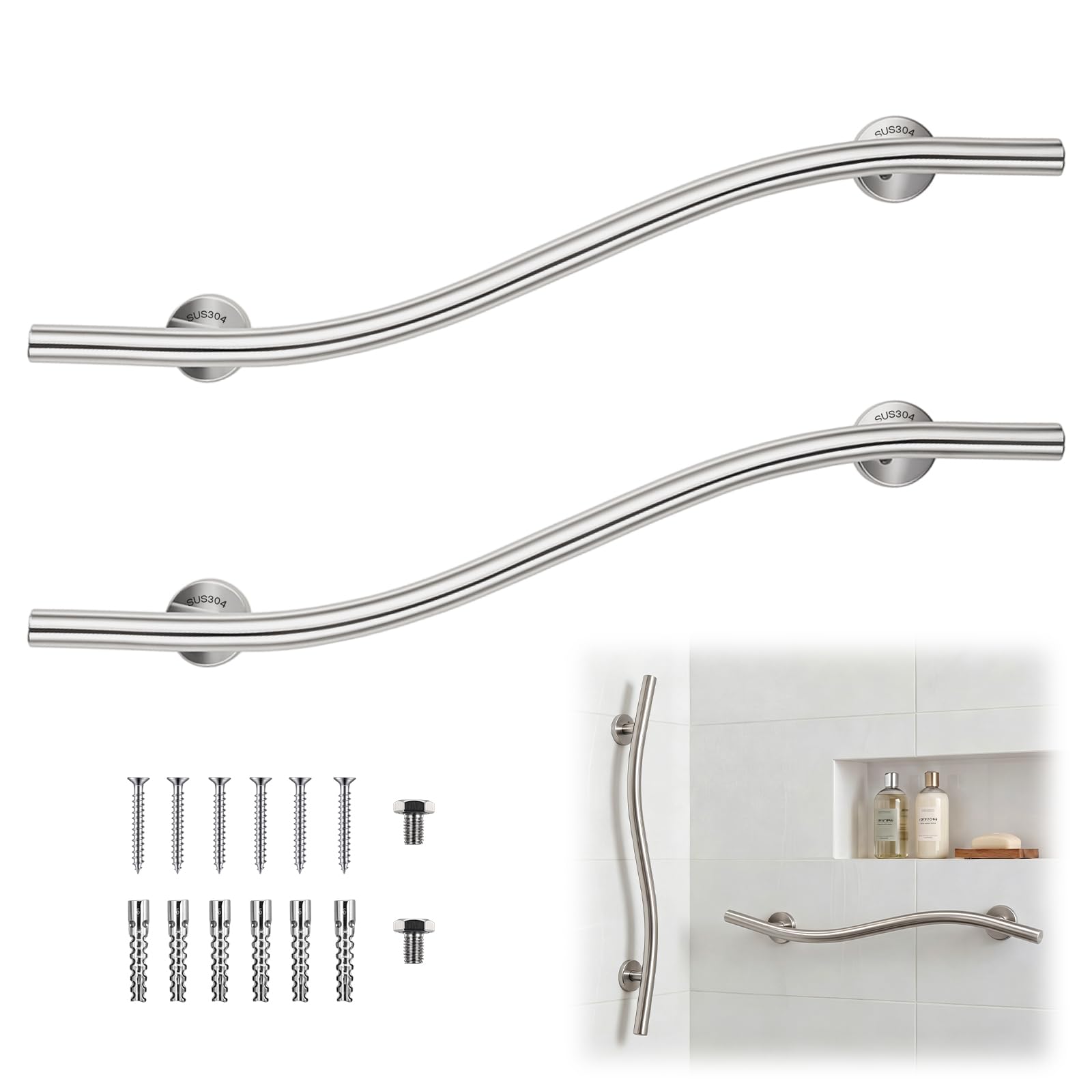 2 barras de agarre onduladas de 36 pulgadas, barra de ducha de acero inoxidable 304, acabado de cepillo para mano derecha, para baño, ducha, bañeras, escalones, cama, hogar, ancianos
