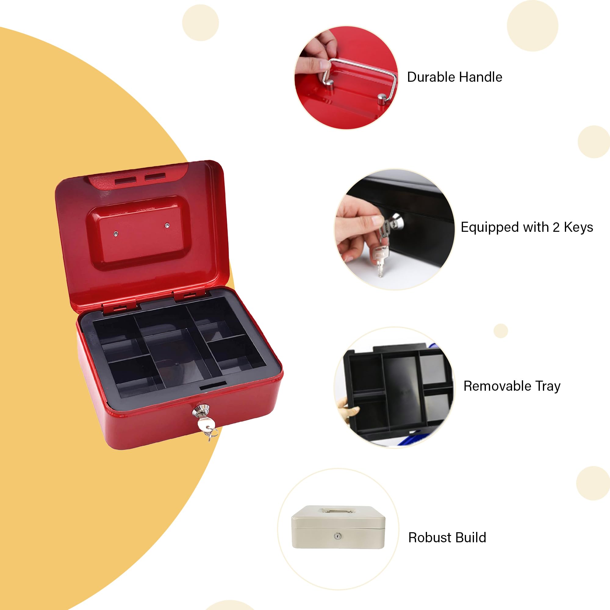 oddpod™ DL Metal Cash Box & Jewelry Safe Locker with Plastic Coin Tray & Key Lock - Small (Black) 2