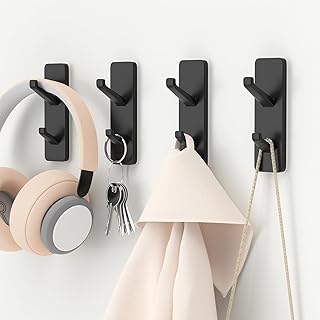 susswiff 4-Pack Black Adhesive Hooks,Sticky Hooks Extra Strong,Heavy Duty Stick On Wall Hooks,Wall Hanging Hooks,Bathroom Towel Hooks,Coat Hooks Robe Hook Wall Mounted, Kitchen Hallway Hooks,Stainless