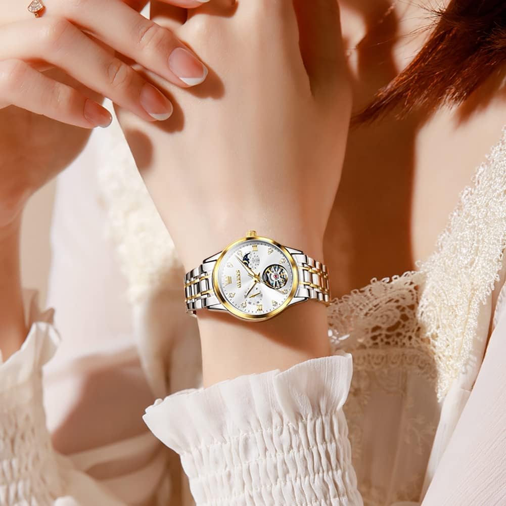 OLEVS Automatic Women Watches Diamond Tourbillon Dress Wrist Watches Moon Phase Waterproof Luminous - Image 3