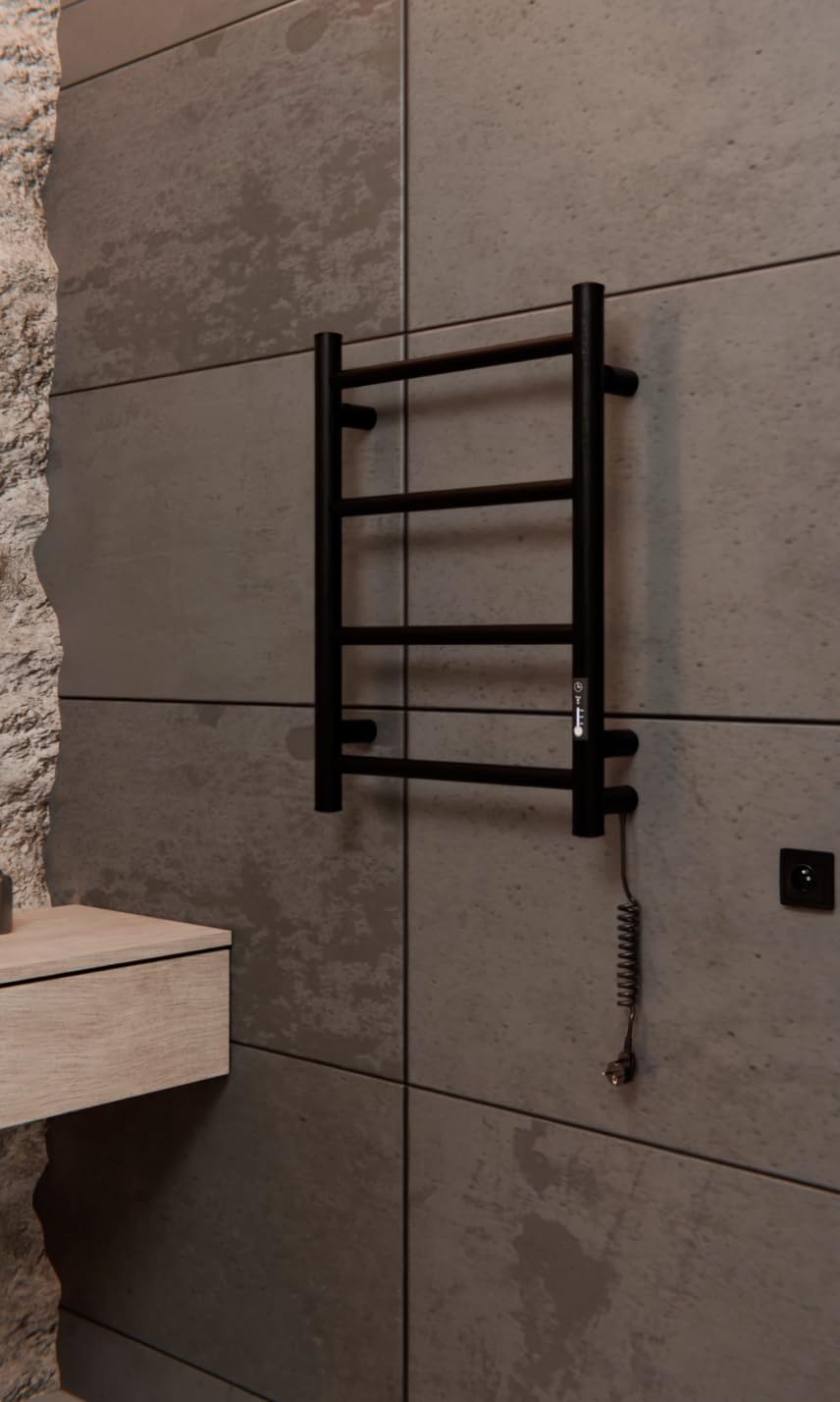 Elegancki czarny elektryczny grzejnik na ręczniki 510 x 400 mm – 45 W – termostat i timer – IP44 – do designerskich łazienek i hoteli