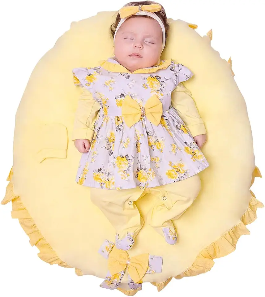 Saída de Maternidade Para Bebê Conjunto 100% Algodão Menina Belinha Floral Luxo Amarelo 05 Peças