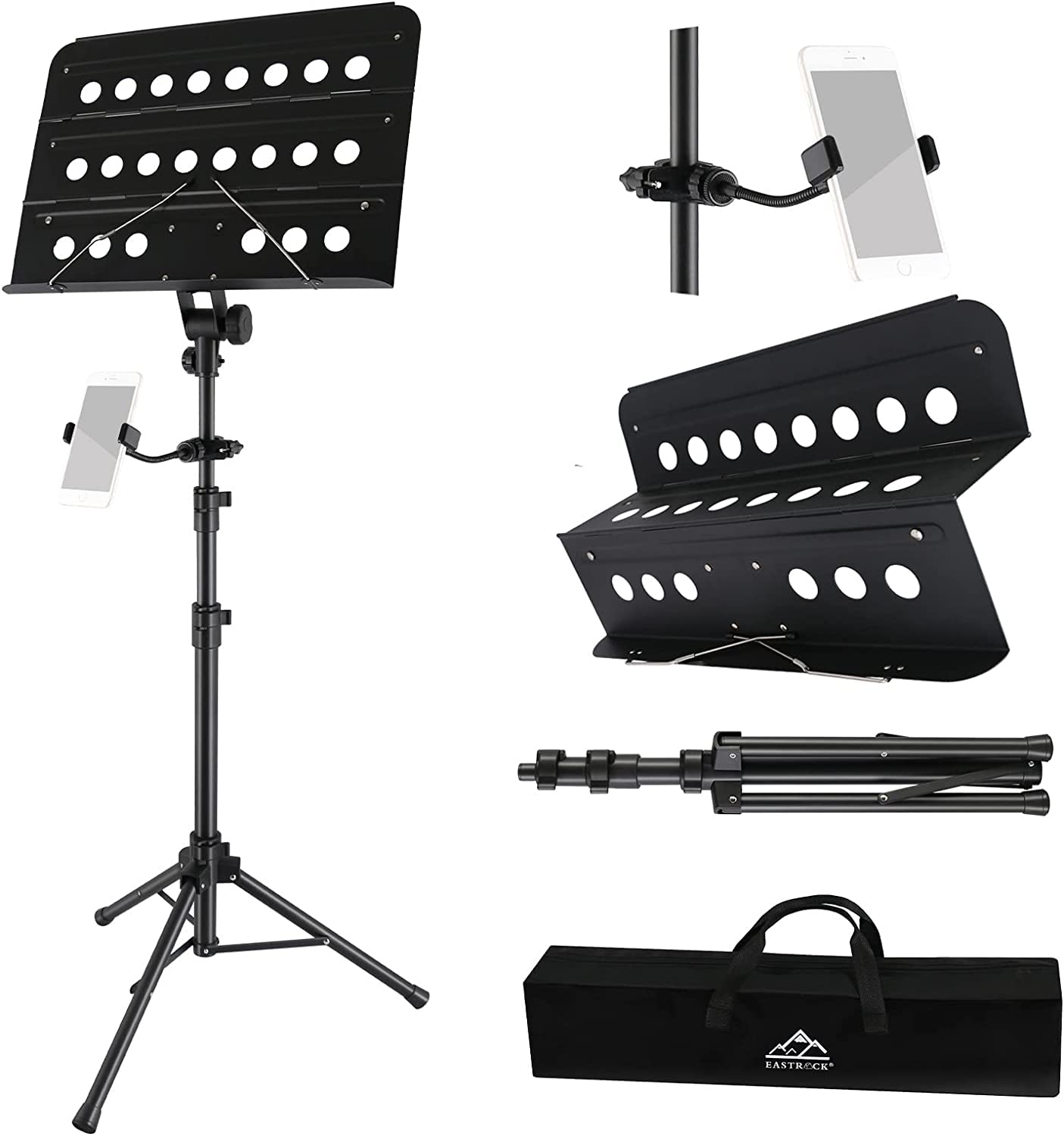 EASTROCK Atril Musica Extensible & Atril Sobremesa 2-EN-1 Ajustable de 106-180cm Soporte para Partituras Plegable con Soporte para Teléfono Móvil