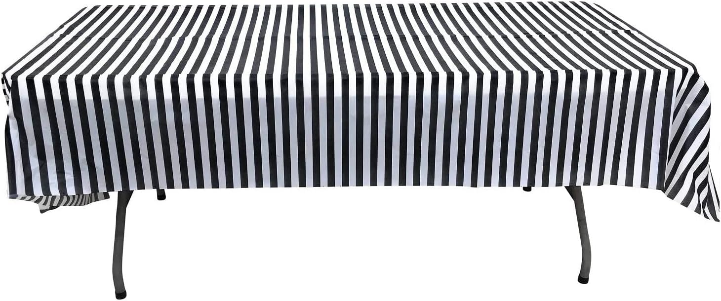 Pack of 4 Plastic Black and White Stripe Print Tablecloths - 4 Pack - Picnic Table Covers,Birthday,Weddings,Office,Parties for Any Occassion