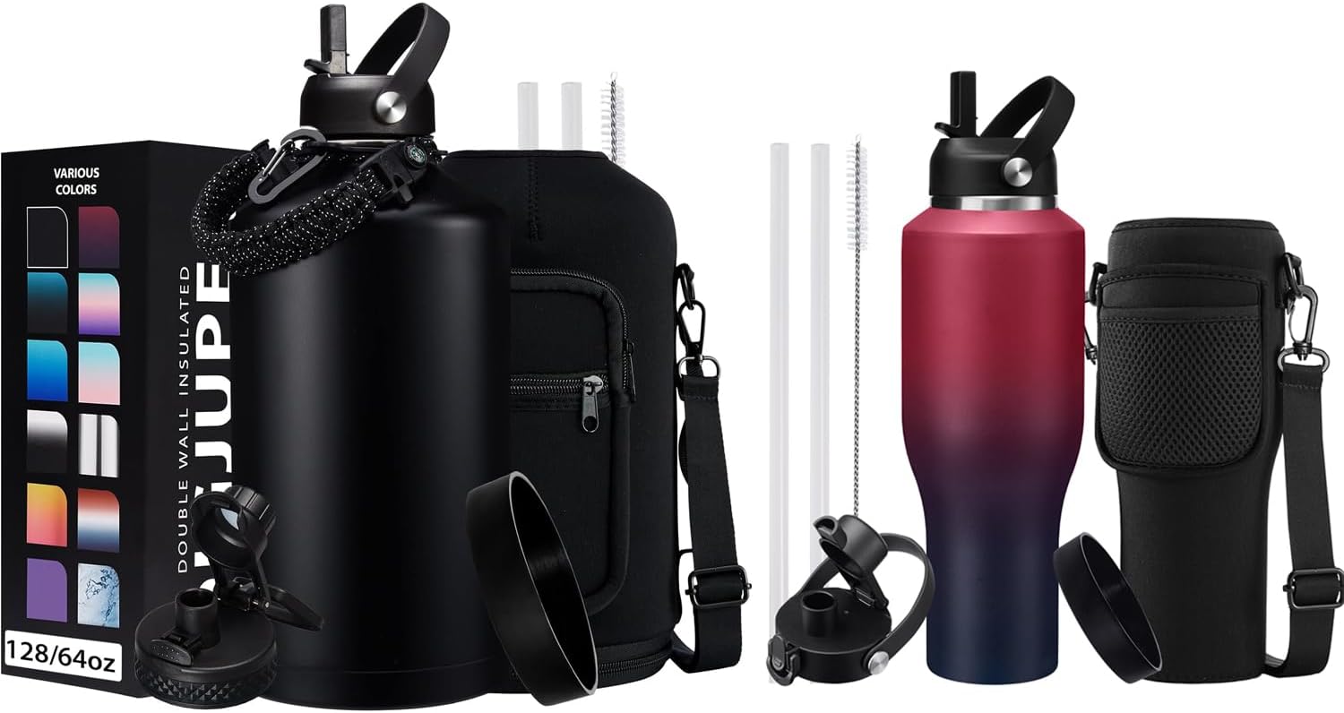 40 oz Water Bottles that Fit Cup Holders and 128oz Water Flask, Stainless Steel Water Bottle with Straw, Paracord Handle & Sleeve Strap