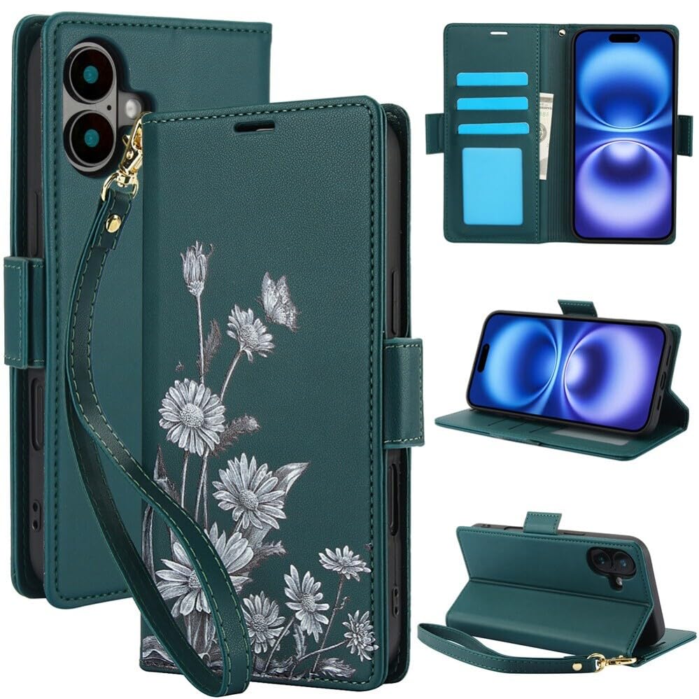 Housse Samsung S24 FE verte en cuir à rabat magnétique avec porte-cartes et support vidéo