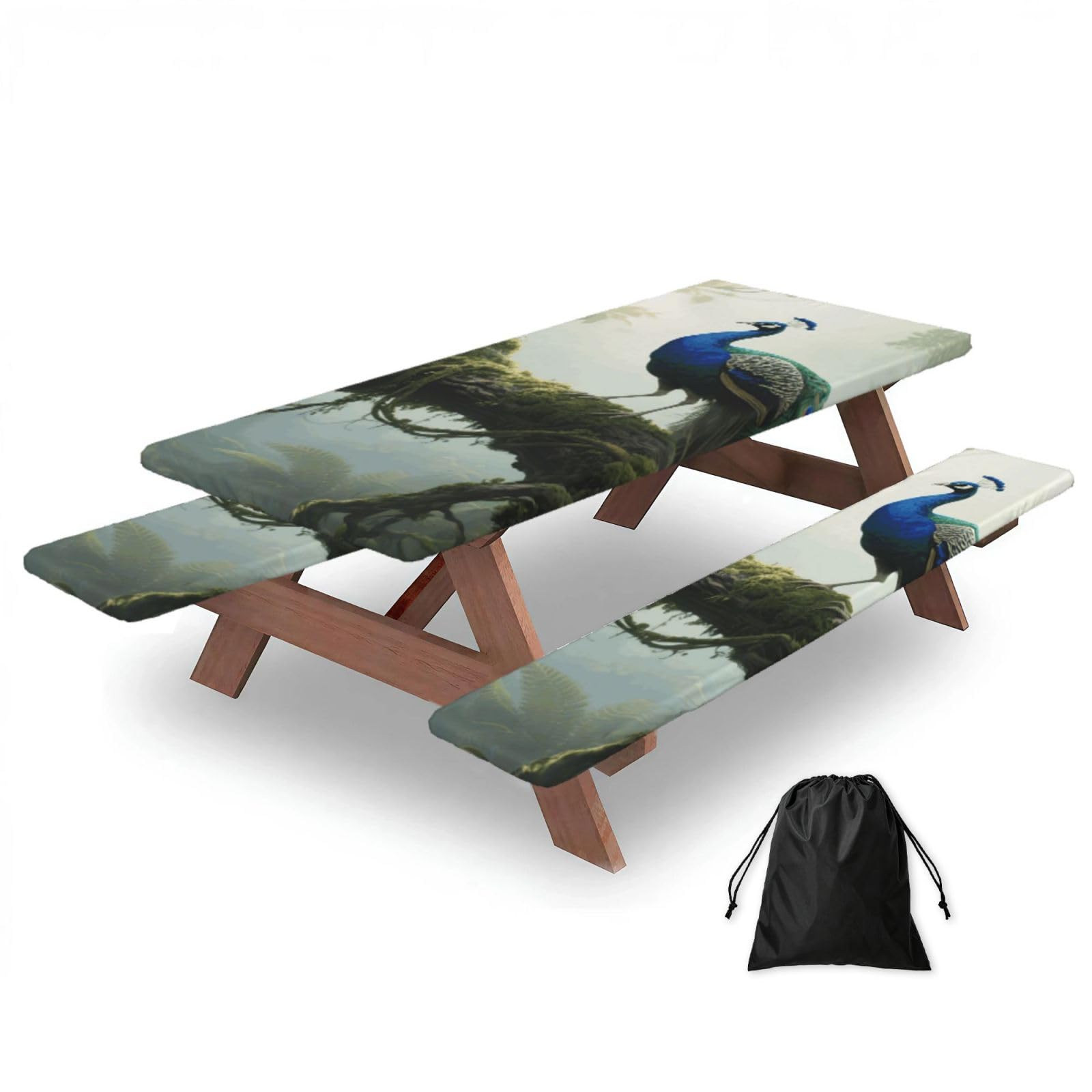 FekiLoot Forest Peacock Picnic Table Cover with Bench Covers and Bag, Windproof Waterproof Rectangle Tablecloth with Elastic Edges Fitted Camping Table Covers for Picnic Party Travel