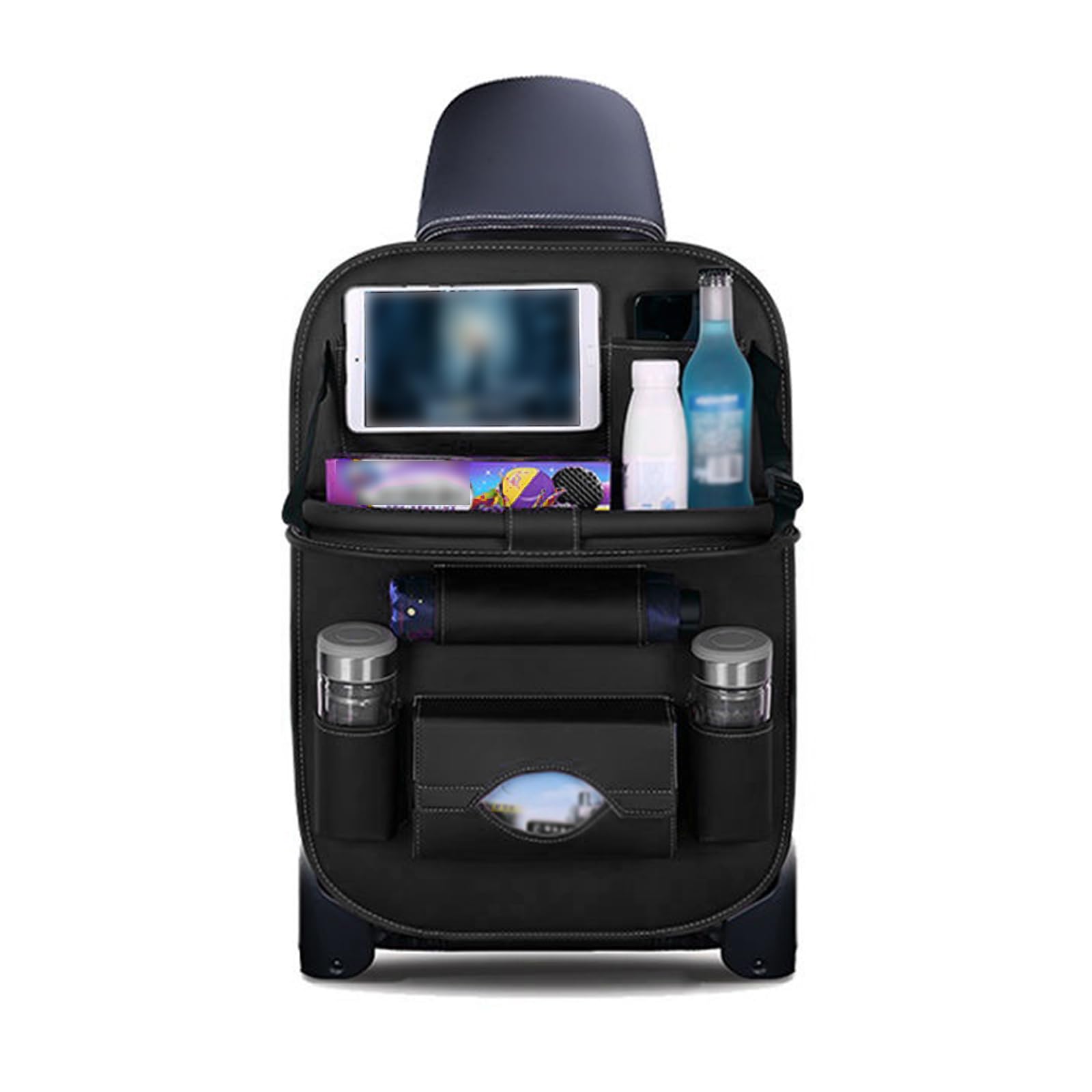 Fogfar1 PC Car Organizers Leather Storage Bag, Multi-function Bag Seat Hanging Bag with Food Rack, Put Children Toy Snacks, Tablet Storage Boxes, Suitable for Most Cars (Black)