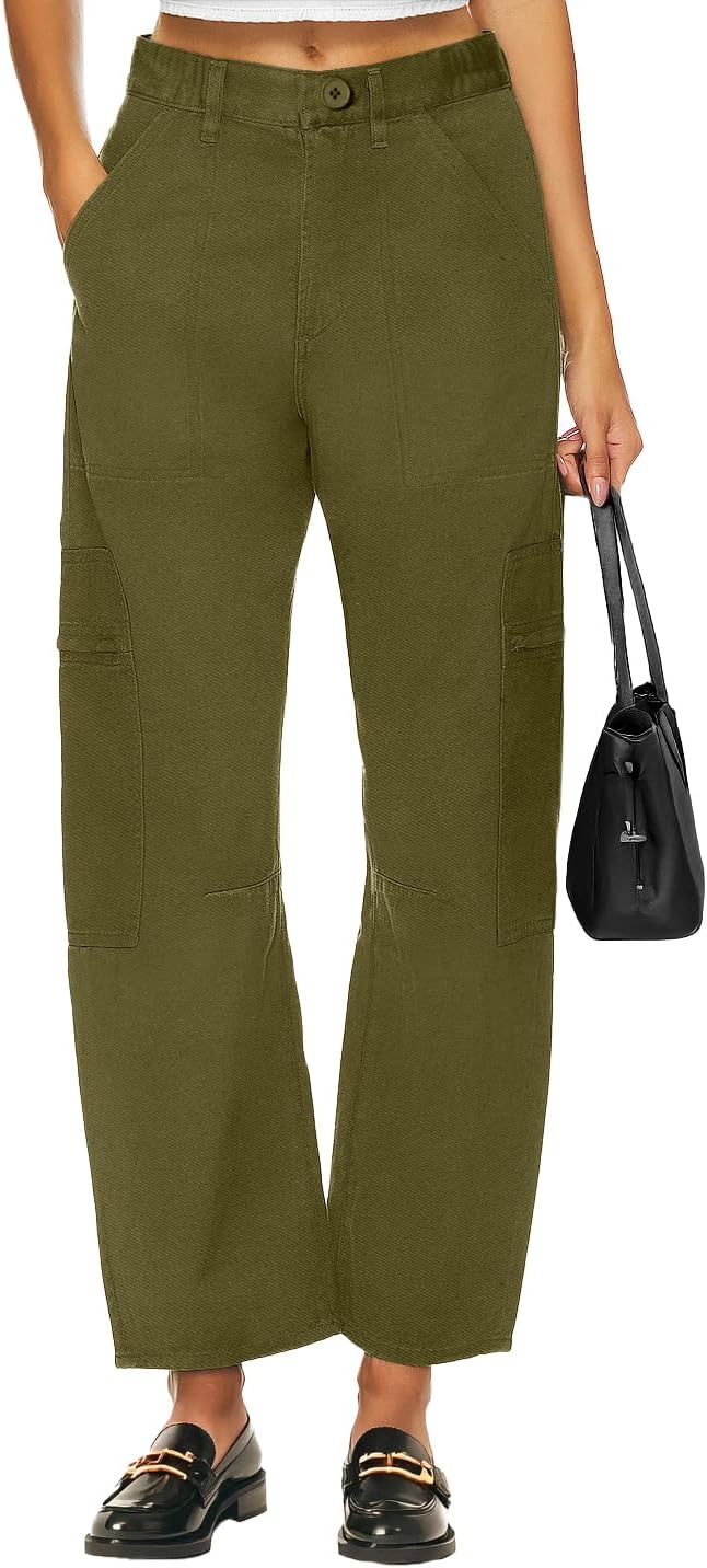 Lepunuo Womens Barrel Cargo Pants Casual Baggy Stretchy Elastic Waisted Wide Leg Jeans Y2k Streetwear with 6 Pockets