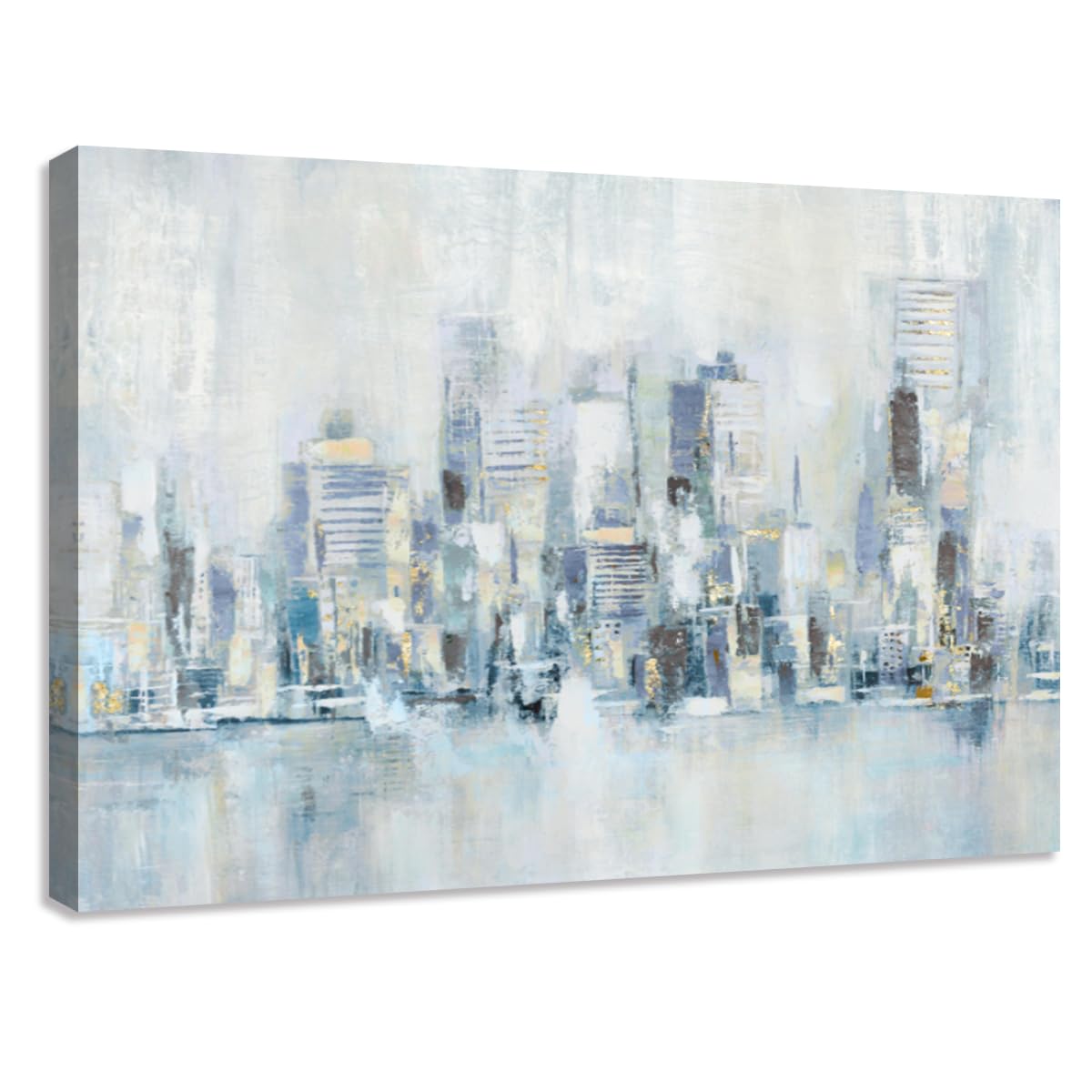 LACHART Abstract City Picture Decor Wall Art New York Empire State Building Landscape with Hand Painted Gold Print on Canvas for Blue Gray Living Room Office Framed 36x24