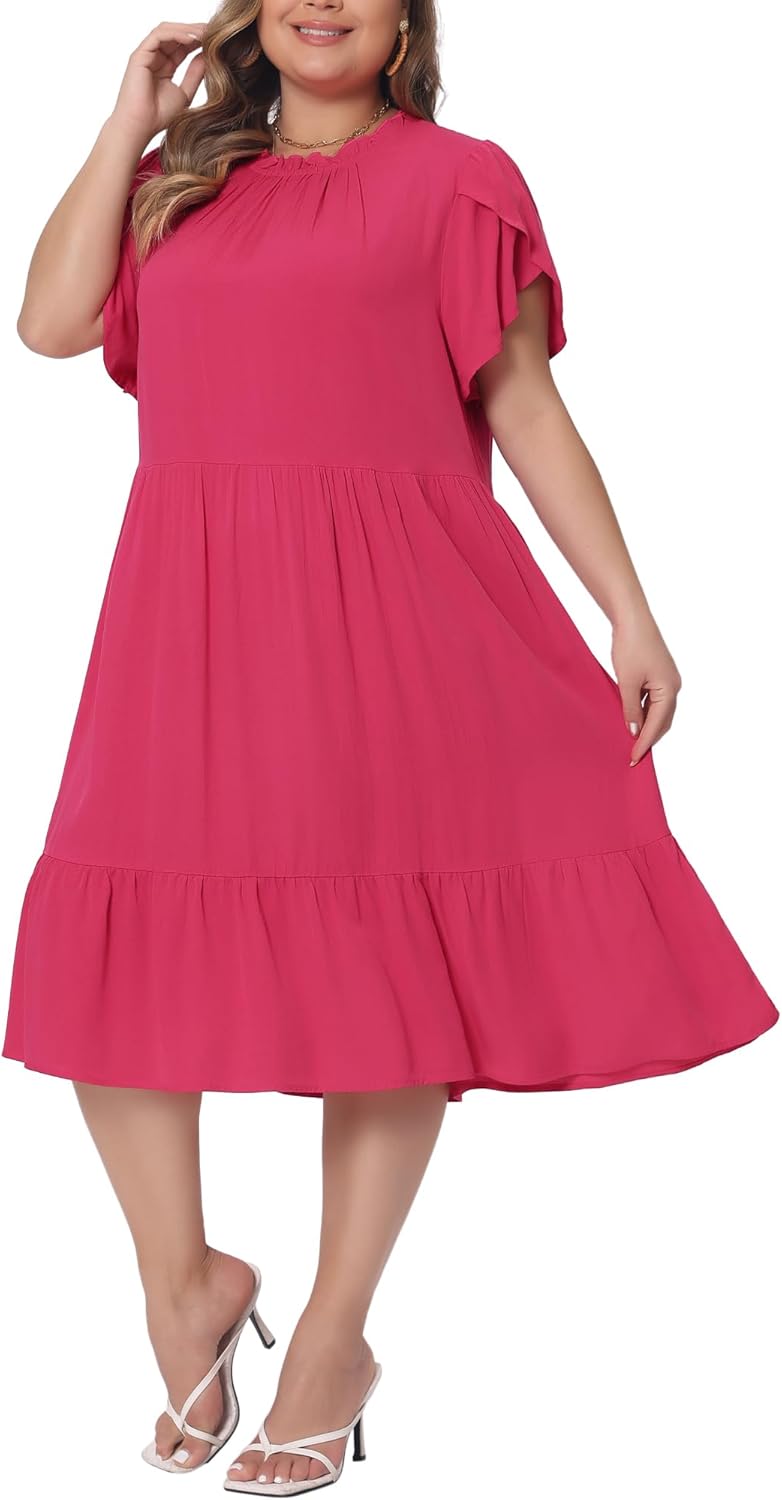 Agnes Orinda Plus Size Dress for Womens Tie Back Petal Sleeve Mock Neck Ruffle Hem A-Line Swing Midi Dresses