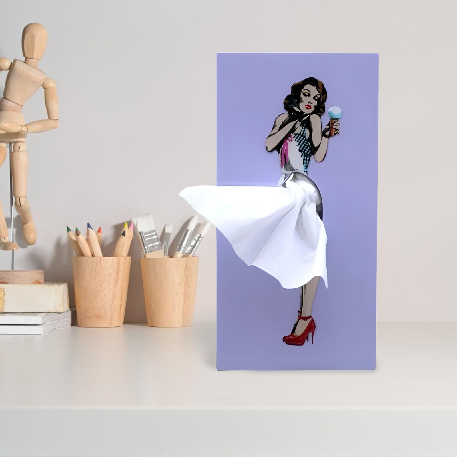 PAEFIU Taschentuchbox Mit Fliegendem Rock, Cartoon-Damenrock-Taschentuchbox, Retro Mädchen Mit Kurzem Rock Taschentuchhalter Box, Taschentuchhalter für Wohnzimmer, Schlafzimmer Und Büro (Blau)