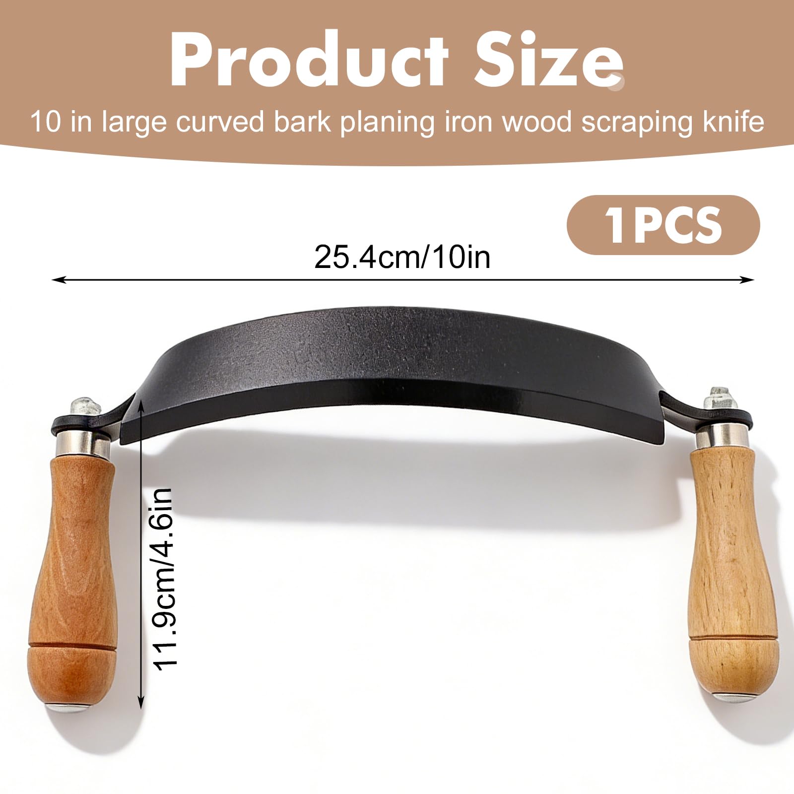GOMETY Couteau à Écorcer 250mm pour Bois, Couteau de Tirage Courbé avec Poignées en Bois, Incurvé Lame en Acier Durable pour Menuiserie, Charpente et Bûcheronnage