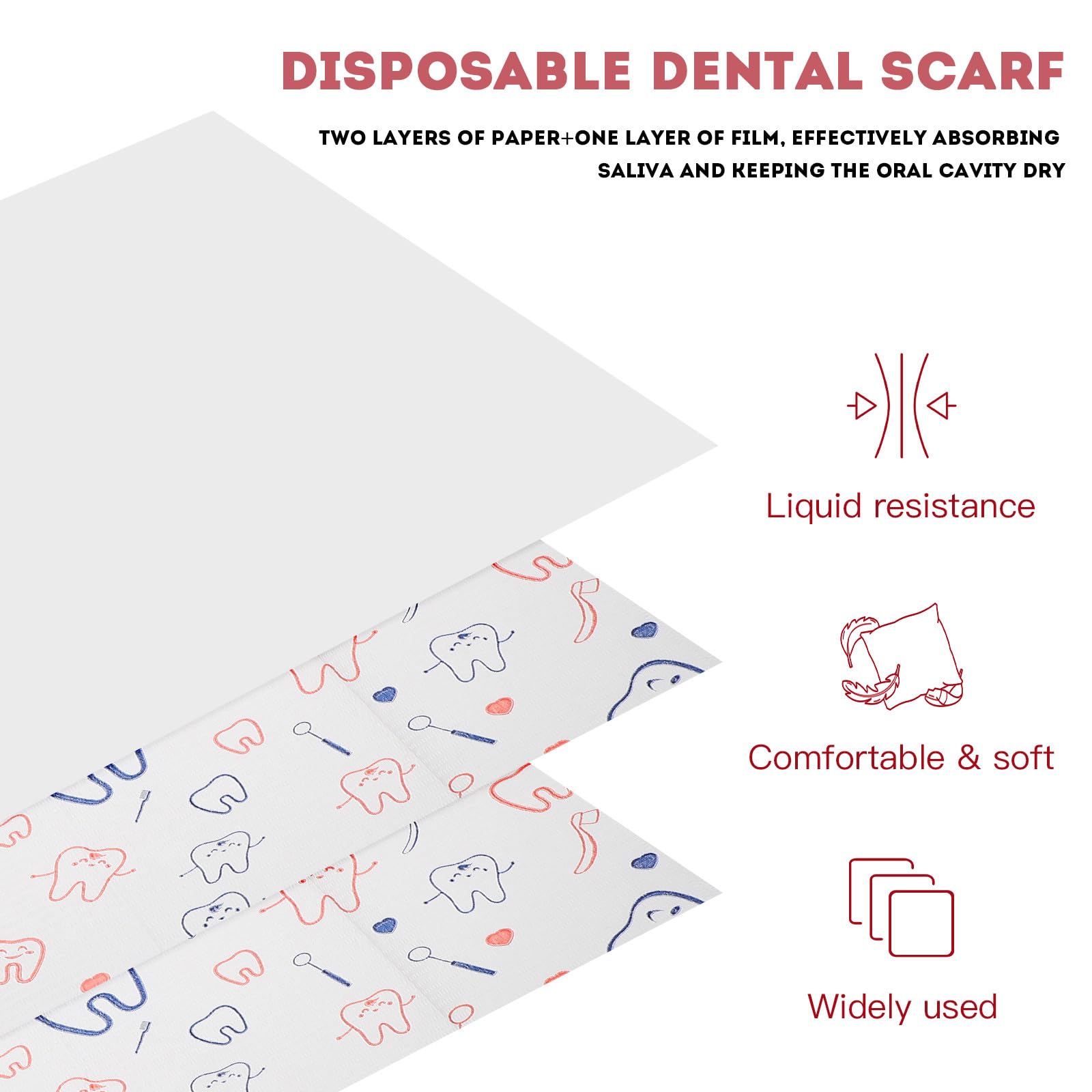 Lot de 80 Bavoirs Dentaires Jetables Rouges 33X45 CM Double Couche Papier Absorbant Film Imperméable Motifs Dents Ludiques Protection Efficace pour Patients et Salons de