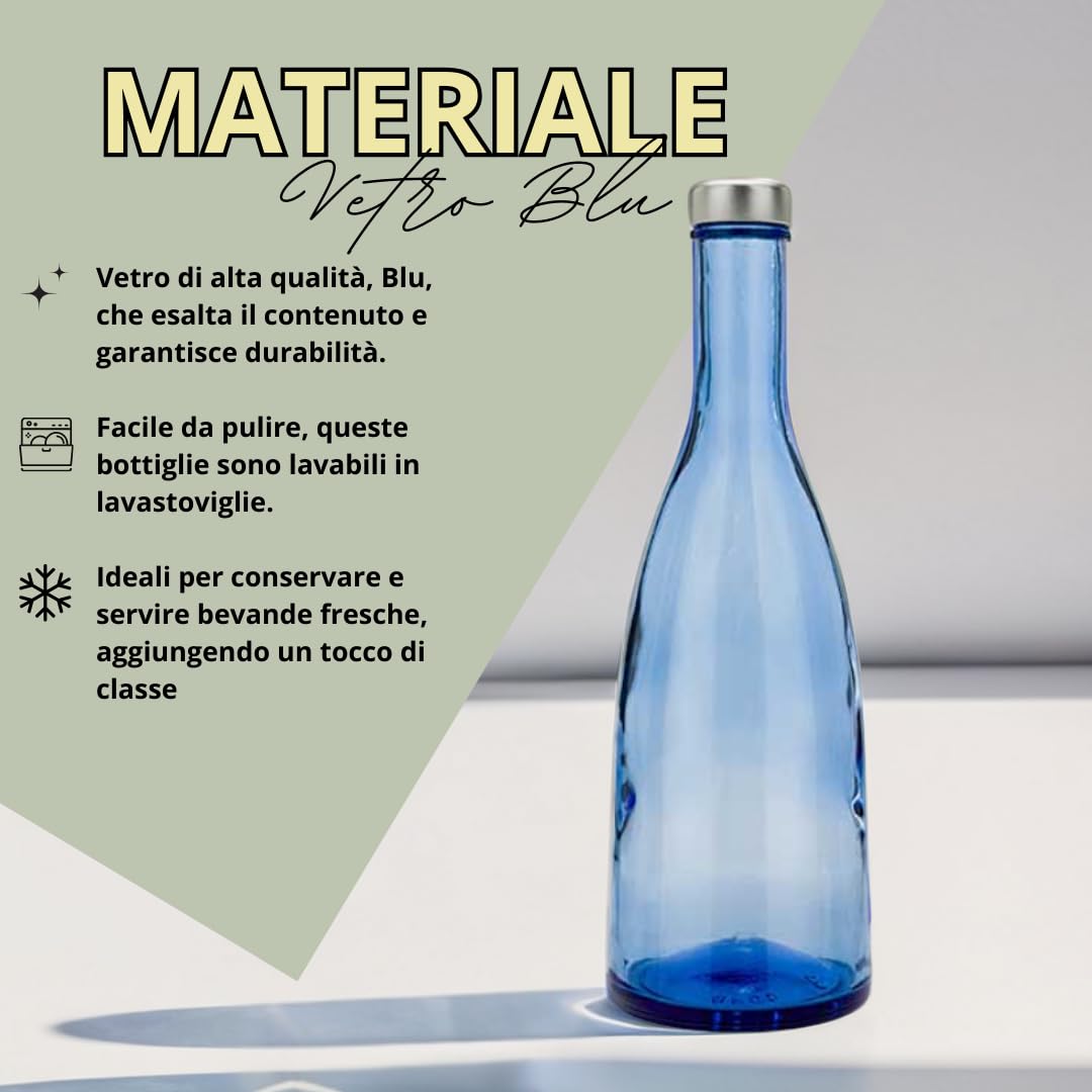 Lot de 6 bouteilles en verre bleu modèle Conviva, 750 ml, bouchon à vis couleur argent, bouteille en verre pour eau solaire