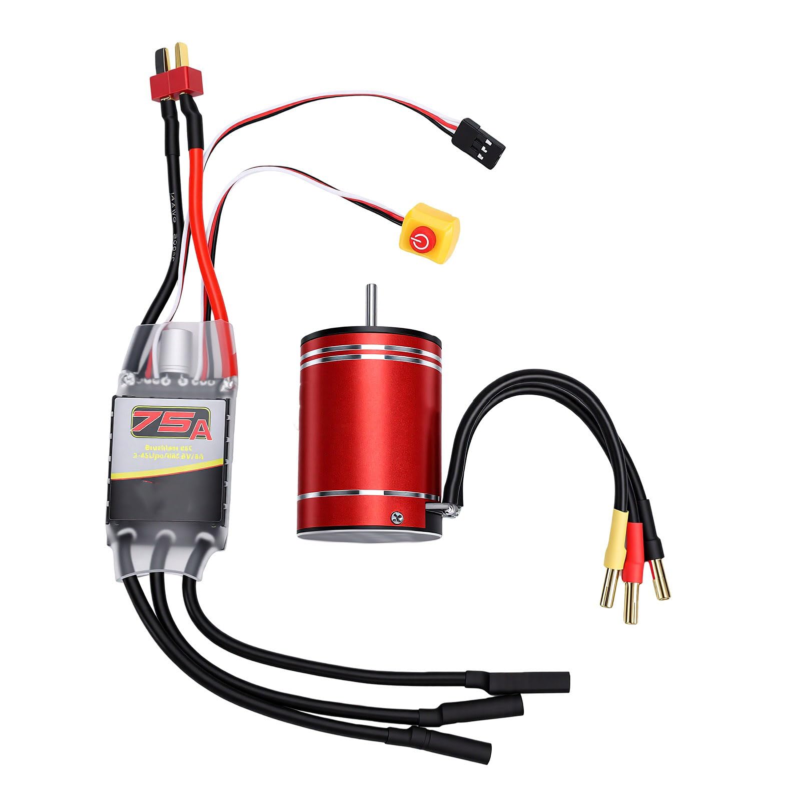 Fockety Zestaw Hobby RC Silnik Bezszczotkowy ESC, Wodoodporny Silnik Bezszczotkowy 3650 3400KV i Zestaw ESC 75A do Samochodów Zdalnie Sterowanych 1/10 1/8, Ciężarówek, Łodzi