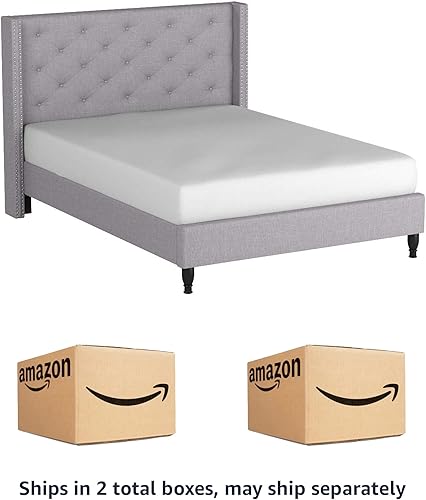 Miniatura 4 de Plataforma de cama Home Life Premiere Classics de tela de lino color gris plata con apoyacabeza de 51 pulgadas y listones lino gris