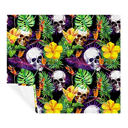 AxssjS Couverture douce et moelleuse pour lit double, grande peluche tropicale, tête de mort, palmier, motif floral, 150 x 200, couvertures en flanelle microfibre pour canapé, chaise, lit