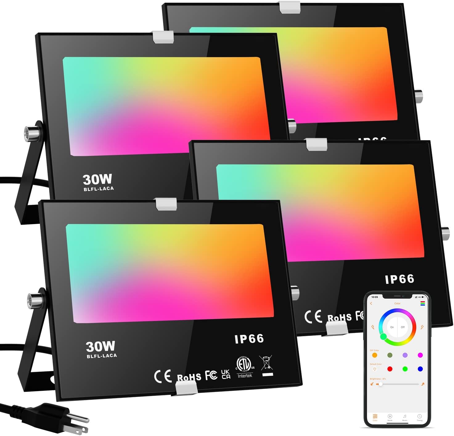 LED Flood Lights RGB Color Changing 300W Equivalent Outdoor, 30W Bluetooth Smart RGB Floodlight APP Control, IP66 Waterproof, Timing, 2700K&16 Million Colors 23 Modes for Garden Stage Lighting 4 Pack LED Flood Lights RGB Color Changing 300W Equivalent Outdoor, 30W Bluetooth Smart RGB Floodlight APP Control, IP66 Waterproof, Timing, 2700K&16 Million Colors 23 Modes for Garden Stage Lighting 4 Pack