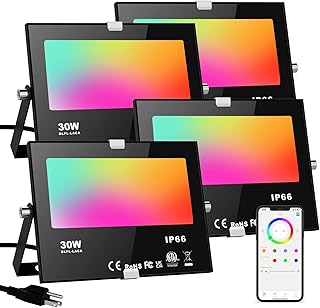 LED Flood Lights RGB Color Changing 300W Equivalent Outdoor, 30W Bluetooth Smart RGB Floodlight APP Control, IP66 Waterproof, Timing, 2700K&16 Million Colors 23 Modes for Garden Stage Lighting 4 Pack