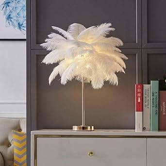 Creative White Ostrich Feather Table Lamp Bedside Lamp Light Luxury and Elegant Lampshade Night Light Table Lighting for Living Room Bedroom Home Decoration [Energy Class F]