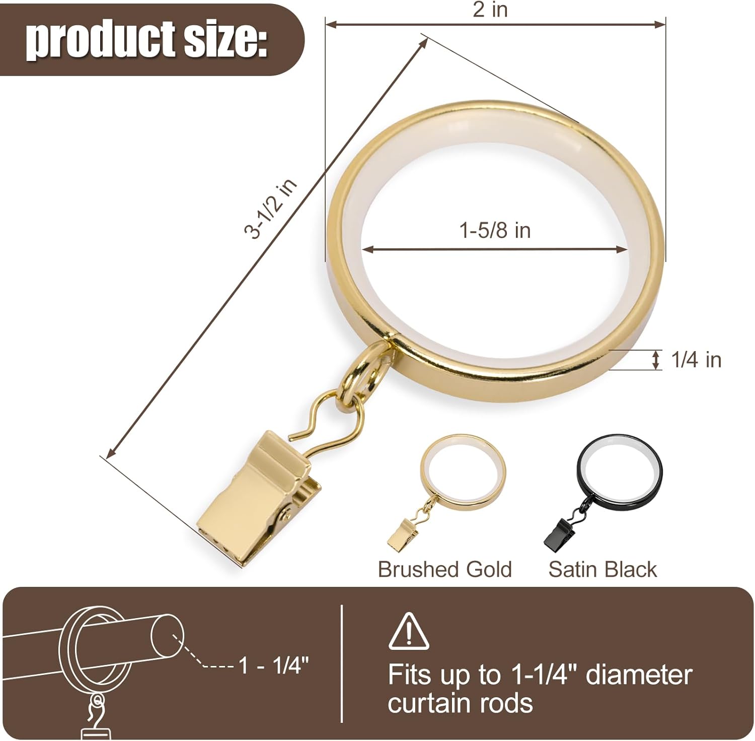 20 Pack Premium Easy Glide Curtain Rings with Clips, Metal Drapery Rings with Silent Nylon Inserts, 2 inch Diameter (1-5/8 inch Inside Diameter) Brushed Gold Curtain Rod Clips & Rings for Windows