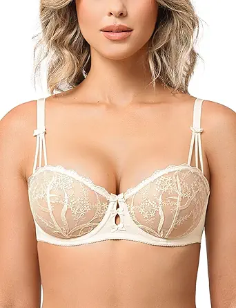 Deyllo Women’s Balconette Lace Bra Underwire Unlined Sheer Lace See Through Non Padded
