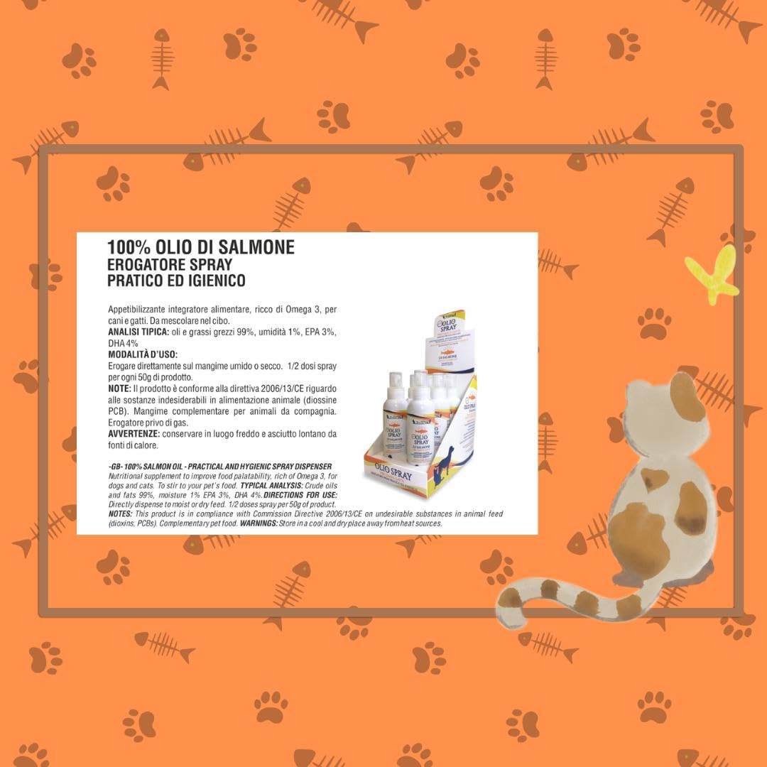 Olio Spray Salmone Appetizzante per Cani e Gatti, alimento per cani e gatti adulti e cuccioli di tutte le razze con poco appetito | 1 flacone da 125ml.