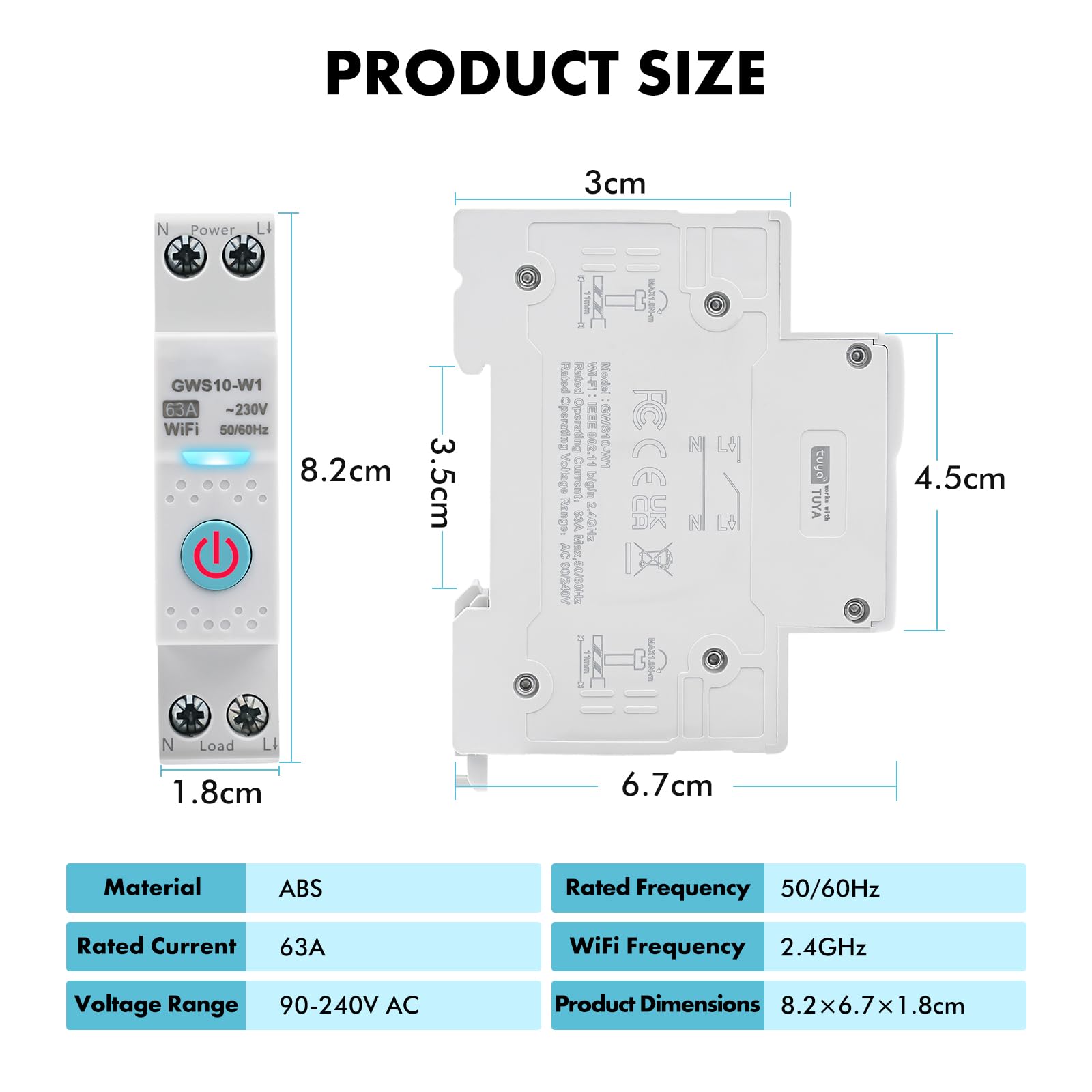 Tuya Disjoncteur Intelligent WiFi Smart Disjoncteur TUYA APP Commutateur de Commande vocale Compte à rebours Minuterie cyclique 63A 230VAC (GWS10-W1 Modèle de base)