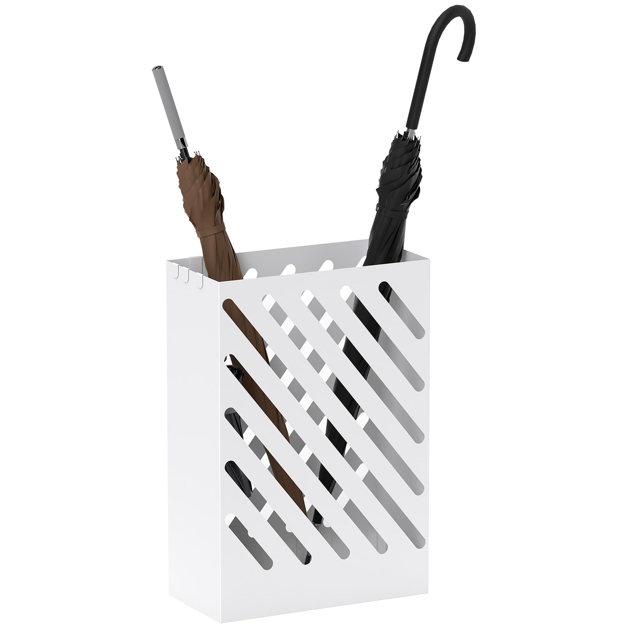 HOMCOM Portaombrelli Design Moderno con Vaschetta Raccogli Gocce, Porta Ombrelli in Acciaio Zincato con 4 Ganci per Ingresso e Corridoio, 28x14x41 cm, Bianco