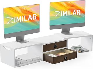 Zimilar Dual Monitor Stand Riser with 2 Drawers, Wood Monitor Riser for 2 Monitors, Length and Angle Adjustable Monitor Stand with Storage, Desktop Organizer Stand for Computer,Laptop,Printer