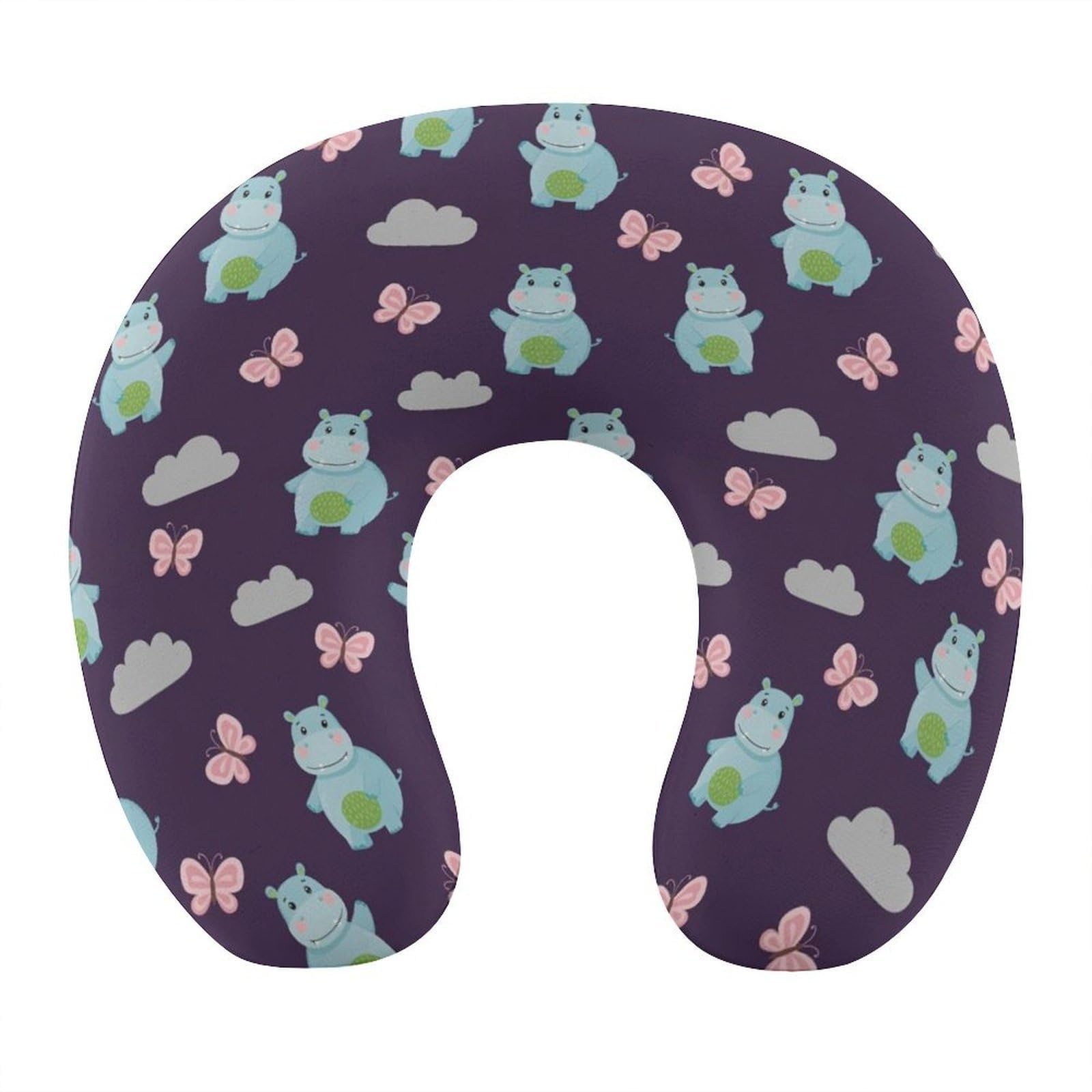 Memory Foam Travel Pillow Chin Head Support Cushion Lovely Hippo, Washable Removable Cover for Airplane Car Outdoor Sleep