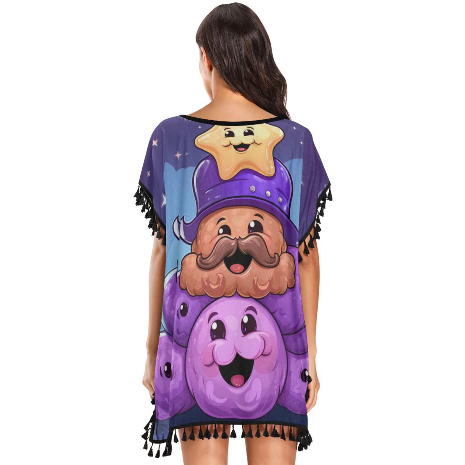 KAAVIYO Doodle Style Cute Octopus Women's Beach Cover Up Chiffon Tassel Swimwear Swimsuit Coverups for Girl