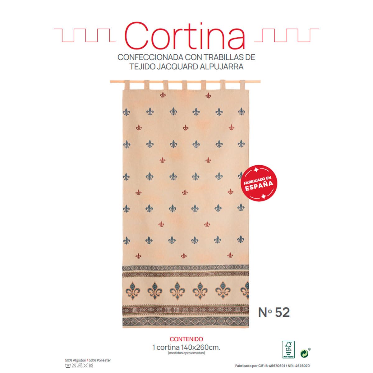 Tenda alpujarreña con passanti FLOR DE LIS N. 52 da 140 x 260 cm, tessuto jacquard, di facile manutenzione e resistente. Con passanti. Design rustico. Tenda per porta esterna