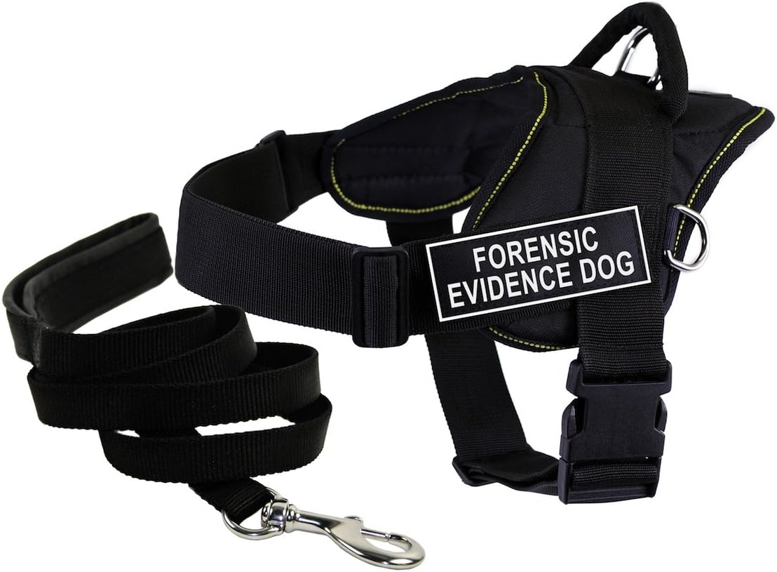 Dean & Tyler Bundle DT Fun Works 18 to 22-Inch "Forensic Evidence Dog" Yellow Trim XX-Small with Padded Puppy Leash and 6-Feet Stainless Snap Black