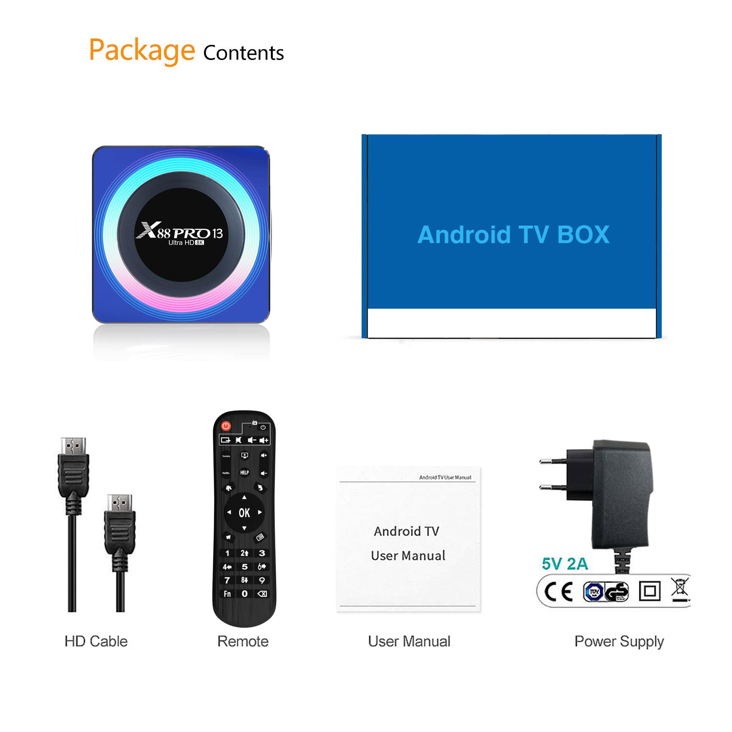 Android 13.0 TV Box [4G+64G] Smart TV Box RK3258 czterordzeniowy 64-bitowy ARM Cortex-A53 obsługa 8K 2.4/5.0Ghz WIFI BT4.0 100/1000M Ethernet HDMI 2.0 H.265 dekoder, 2 GB + 16 GB