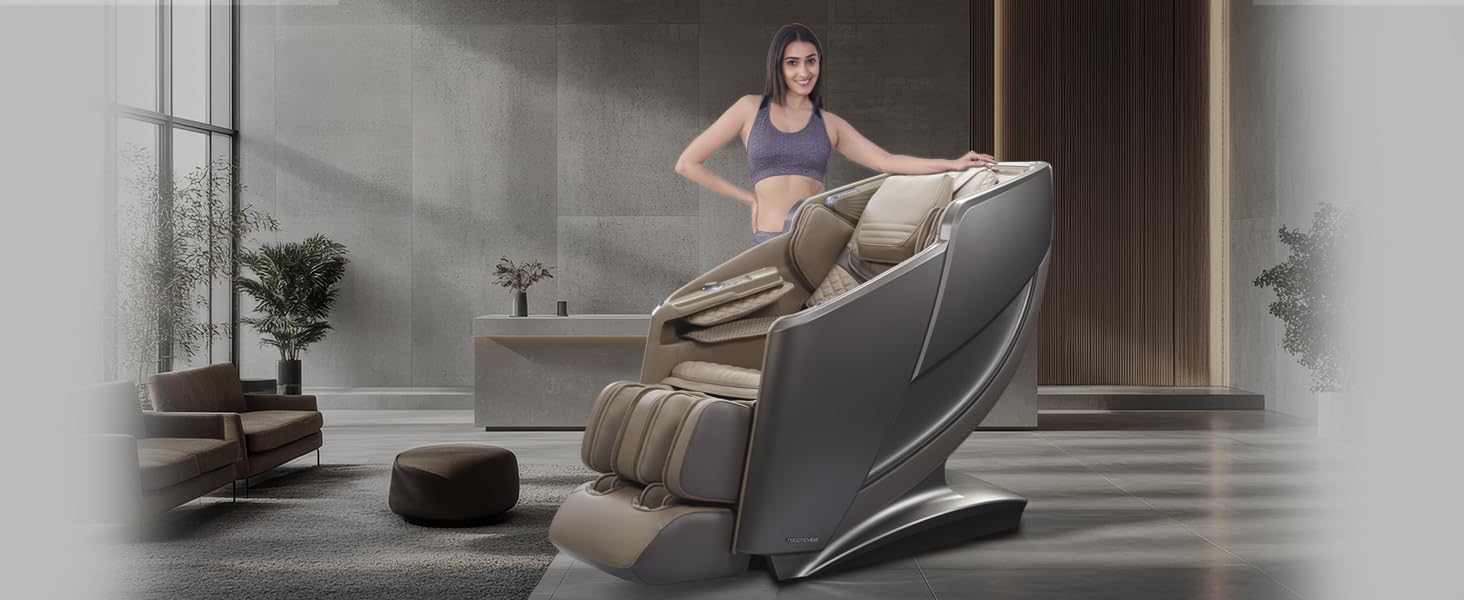 RoboticVibe Home-Spa 4D Massage Chair- RV7575: Immersive Fragrances, 18 Auto Programs, i-Open Flex Rail, Wireless Charging, Voice Control, & Health Scan For True Smart Homes. Dual tone colour. - Brown RoboticVibe Home-Spa 4D Massage Chair- RV7575: Immersive Fragrances, 18 Auto Programs, i-Open Flex Rail, Wireless Charging, Voice Control, & Health Scan For True Smart Homes. Dual tone colour. - Brown